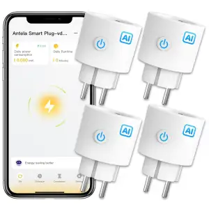 ANTELA WLAN Smart Steckdose AI mit Strommessung Elektrizitätsrechnung, 16A 3680W, kompatibel mit Google Home, Alexa, Smart Life APP, 2,4GHz, 4 Stück