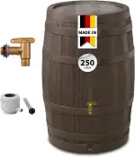 4rain VINO Regentonne Set 250 Liter Holzoptik – Regenfass/Wassertank mit Hahn + Fallrohranschluss – Frostsicherer Regenwassertank/Regenwassertonne – Wassertonne für Garten –Wasserfass Braun