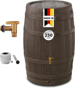 4rain VINO Regentonne Set 250 Liter Holzoptik – Regenfass/Wassertank mit Hahn + 