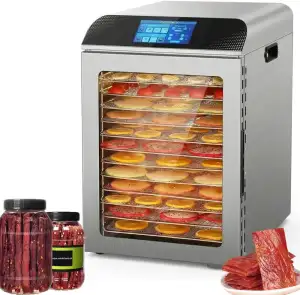 Edelstahl Dörrgerät 800w,intelligente Steuerung LED-Anzeige,12 Einschübe,Temperatur 86℉-194℉,24 Stunden Timer und Touch-4 voreingestellte Programme für Trockenfleisch,Kräuter,Obst,Gemüse