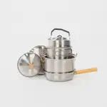 BOXIO - Cookware: Camping Pfanne & Topfset aus Edelstahl Campinggeschirr mit Bratpfanne, Wasserkocher & Töpfe ideal für Campingküche, den Gaskocher oder Campingkocher Outdoor Küche für Kochgeschirr