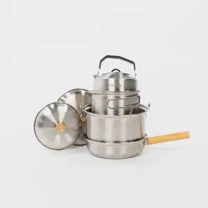 BOXIO - Cookware: Camping Pfanne & Topfset aus Edelstahl Campinggeschirr mit Bra