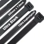 Kabelbinder Schwarz 300 mm x 7,6 mm, UV-Beständig ultra stark Kabelbinder mit 75 kg Zugfestigkeit...