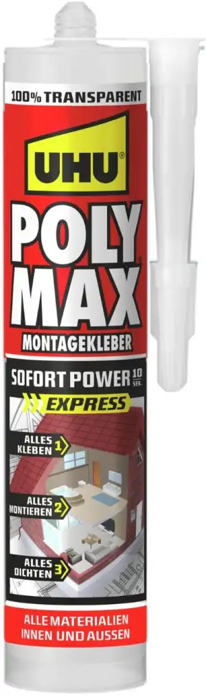 UHU POLY MAX Montagekleber 10 SEK SOFORT POWER Kartusche, Universeller, glasklar
