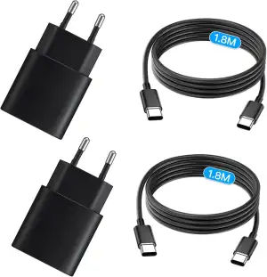 USB C Ladegerät 25W, USB C Ladekabel, 2er Pack Schnellladegerät mit 1,8M Ladekabel, Super Fast Charger für Samsung Galaxy S25 S24 S23 S22 S21 Ultra/Note/tab (Schwarz, Câble TPE - 1,8M)