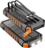 Solar Powerbank 20000mAh – 15 W Schnellladegerät, Tragbares Ladegerät, 3 integrierte Kabel mit LED-Taschenlampen–5 Ausgänge, Solar Handy Ladegerät für iPhone 17/16/15/14/13 und Android