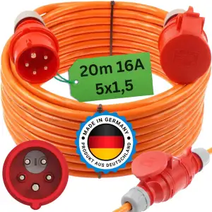 Starkstromkabel Phasenwender 16A 5-50m H07BQ-F 5x1,5 Orange Starkstrom Verlänger