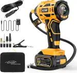 AUTDER Akku Luftkompressor 180 PSI – Tragbare Reifenpumpe mit 21V wiederaufladbarem Akku & 12V DC Auto-Adapter, Digitaler Luftkompressor für Auto, Motorrad, Fahrrad & Sportbälle – Gelb