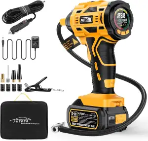 AUTDER Akku Luftkompressor 180 PSI – Tragbare Reifenpumpe mit 21V wiederaufladbarem Akku & 12V DC Auto-Adapter, Digitaler Luftkompressor für Auto, Motorrad, Fahrrad & Sportbälle – Gelb
