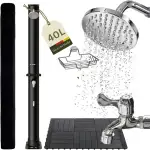 novaterra® Solardusche schwarz mit 40L Tank - Gartendusche mit Bodenelement, Regenduschkopf, Fußdusche, Schutzhaube & Ablageschale - Duschsystem für Garten & Camping, Wassererwärmung bis 60°C