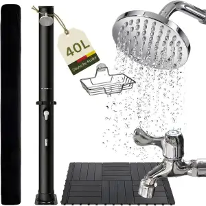 novaterra® Solardusche schwarz mit 40L Tank - Gartendusche mit Bodenelement, Regenduschkopf, Fußdusche, Schutzhaube & Ablageschale - Duschsystem für Garten & Camping, Wassererwärmung bis 60°C