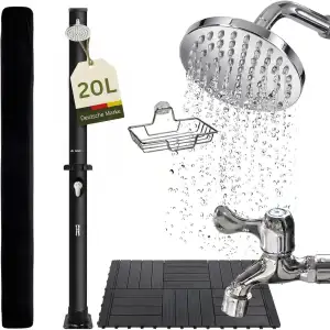 novaterra® Solardusche schwarz mit 20L Tank - Gartendusche mit Bodenelement, Reg
