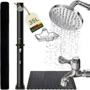 novaterra® Solardusche schwarz mit 35L Tank - Gartendusche mit Bodenelement, Reg
