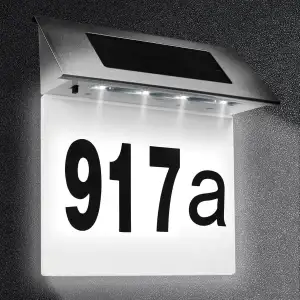 Edelstahl Hausnummer Solar Beleuchtete 4 LEDs Solarhausnummer mit Dämmerungsschalter IP65 Wasserdicht Außen mit Nummern 0-9 & Buchstaben a-h