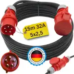 CEE Starkstromkabel 400V / 32A 15m Verlängerungskabel 5-polig (3P+N+PE) H07RN-F 5x2,5 mm² AC Gummikabel IP44 Außenbereich