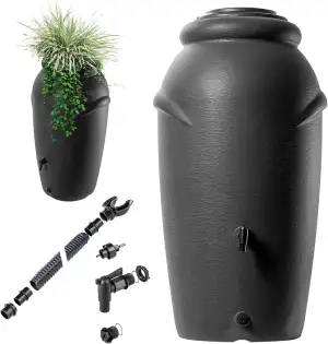 KADAX Regentonne aus Kunststoff 210 L, Regenwassertank mit Wasserhahn, Pflanzsch